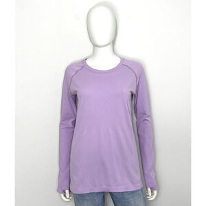 Athleta Momentum Seamless Top Womens L Lilac Long Sleeve T Shirt Crew Neck Logo